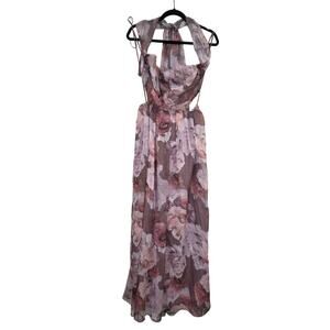Olia Floral Open Back Floral Evening Gown Prom Large Halter Style Neck Scarf/Tie